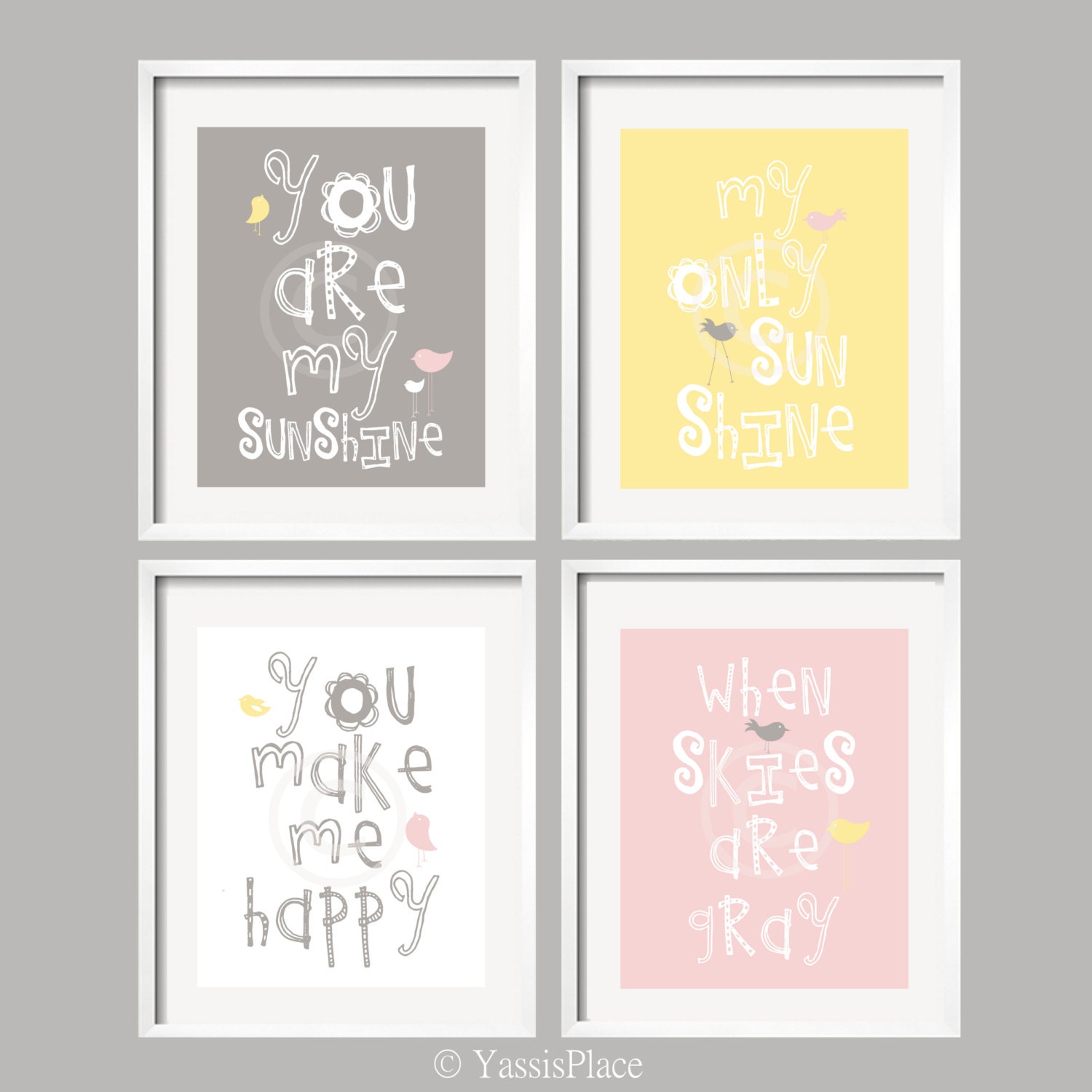 You Are My Sunshine  My only Sunshine Pink,Yellow and Gray Prints 4 pc 8x10 Customized colors by YassisPlace for Zig Zag Bedding