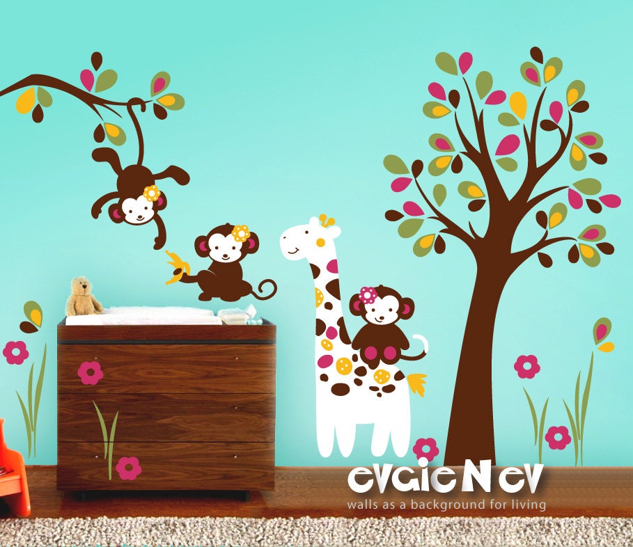 Children Wall Decal Wall Sticker - Monkeys and Giraffe Baby Room Decor - Nursery Wall Stickers for Children - PLMC010L