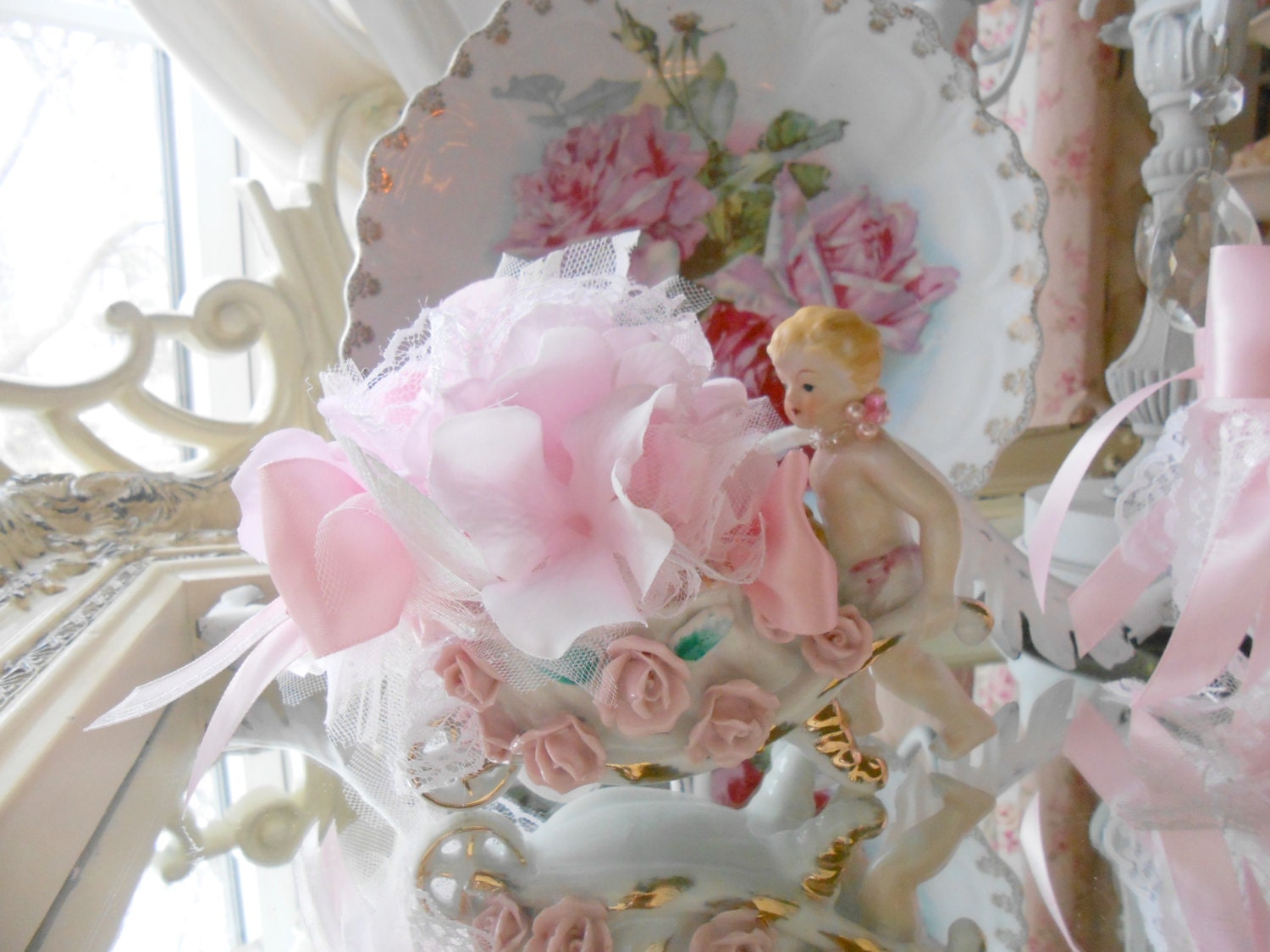 Treasury Item Princess Pink Antique Cupid Floral Arrangement Bridal Lace Shabby Chic French Marie Antoinette Victorian SCT