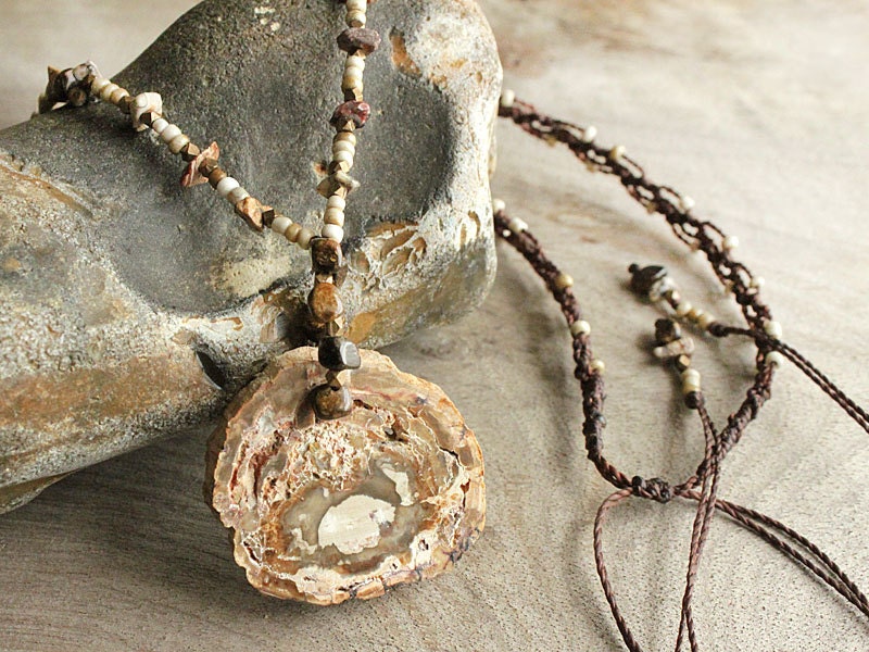 Petrified Wood necklace with Bronzite, Silver Leaf Jasper, Picasso Jasper - natural, earthy brown