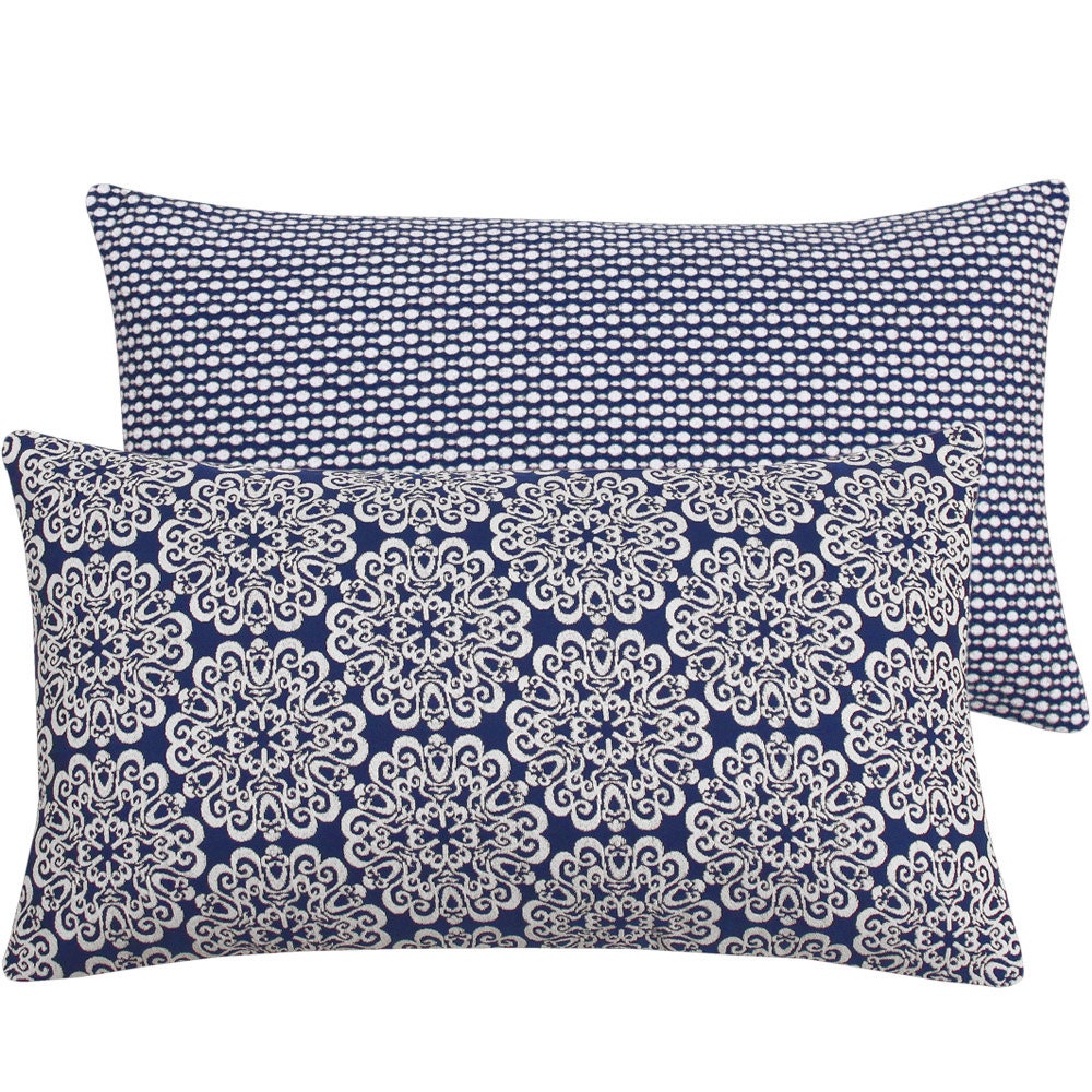 Blue Lumbar Geometric Pillow Cover 12x20 Jacquard Pillow, Double Sided Throw Pillow, Accent Pillow, Danish Blue Collection