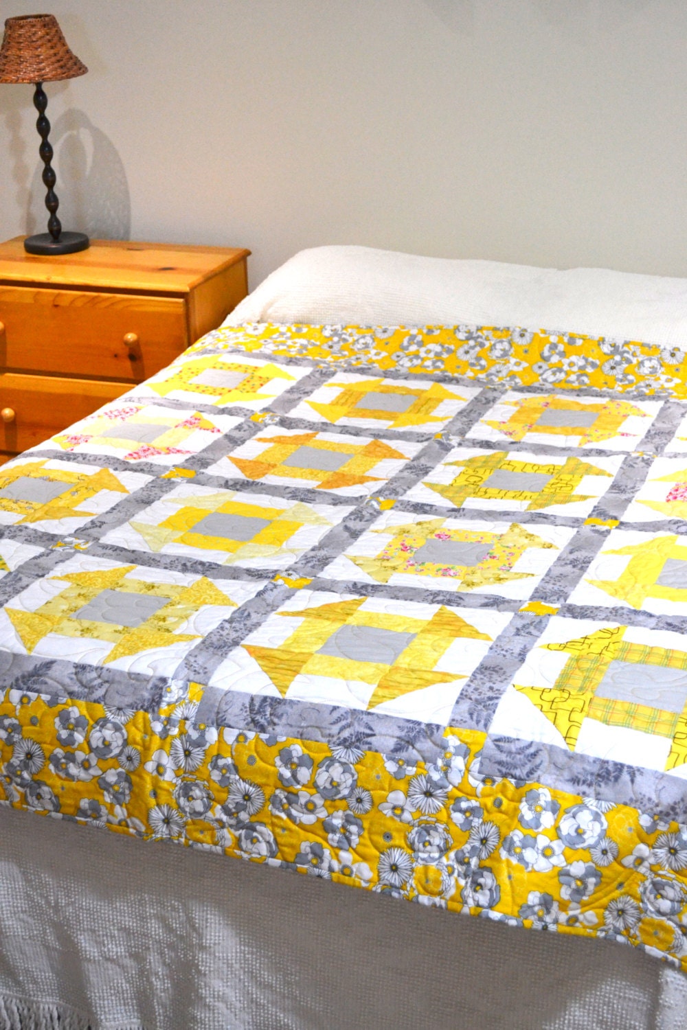 Twin Patchwork Quilt, Yellow Gray Quilt, Modern Quilt, Lap Quilt