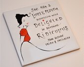 Jane Austen, 'Pride & Prejudice' literary wall art, hand-painted ceramic tile: 'She had a lively, playful disposition...'