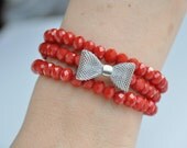 red Crystal bead  bow tie   metal bracelet