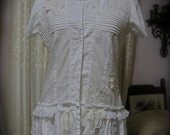 Romantic Shabby Blouse, ruffled lace white cotton linen shirt top, upcycled tattered chic style MEDIUM