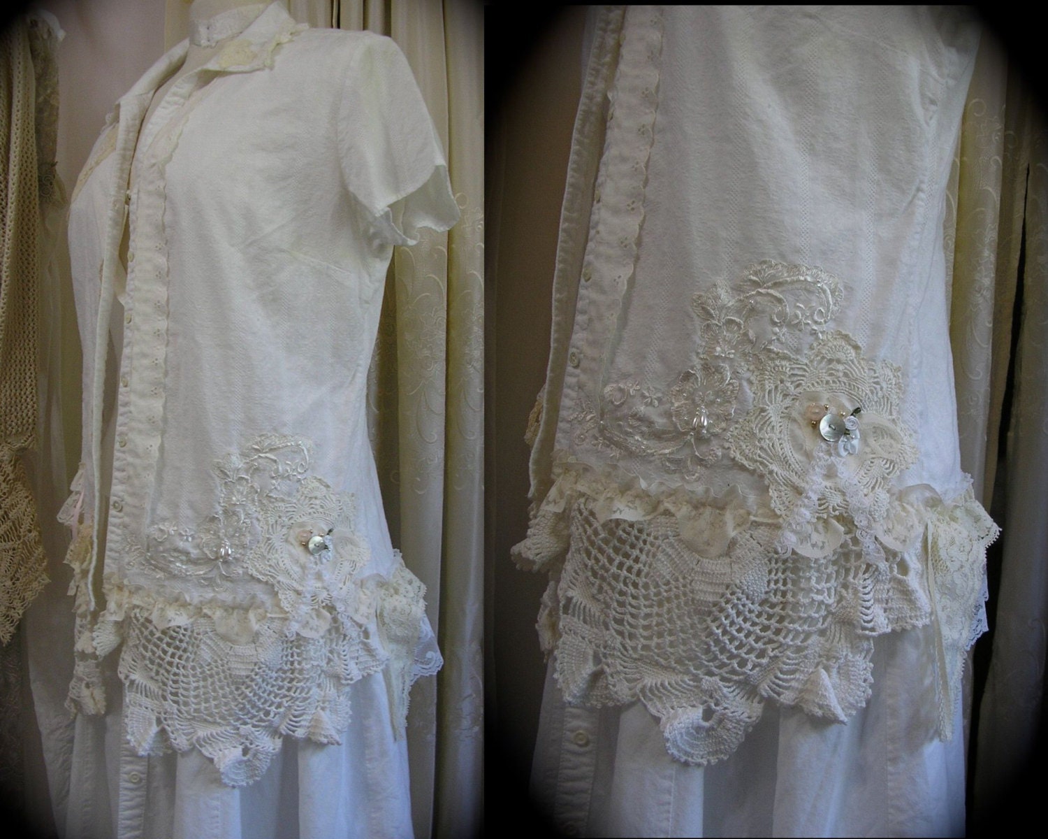 White Shabby Blouse, womens altered clothing, romantic lace doily victorian embellished LARGE