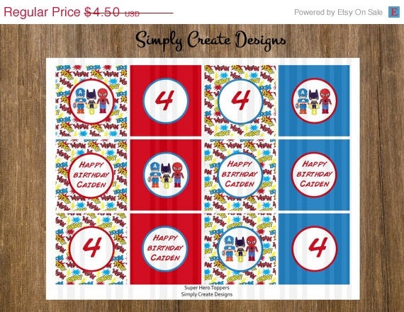 SALE Super Hero Cupcake Toppers Digital File 8.5x11 JPEG or PDF File Personalized Il_570xn