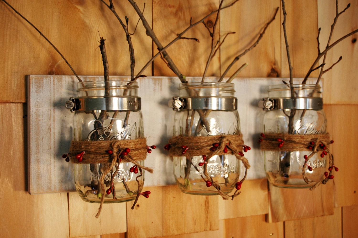 Pip Berries and Twine Mason Jars trio on recycled board Wall Decor Country Kitchen Decor Home Decor