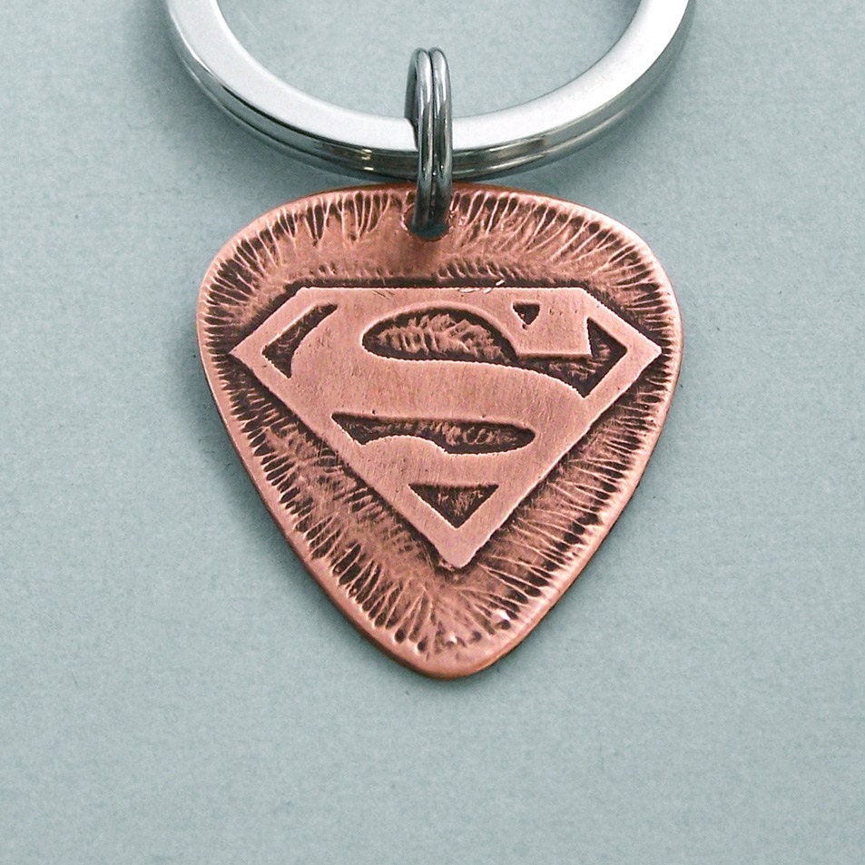Superman - Etched Copper Guitar Pick Key Ring - Father's Day