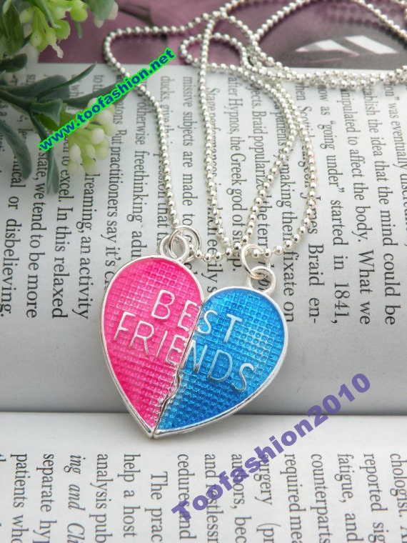 SALE Pretty retro silver pink and blue half heart necklace pendant with two chains punk style