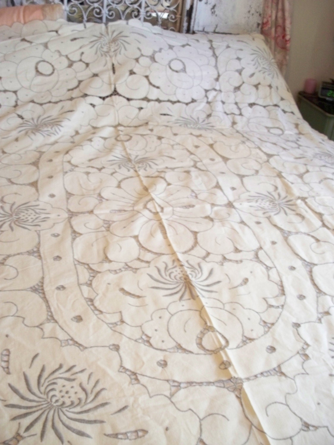 FABULOUS Large VintageTablecloth Or Bedspread Floral Lotus Rose Embroidered Cutout Design Cotton Linen Blend
