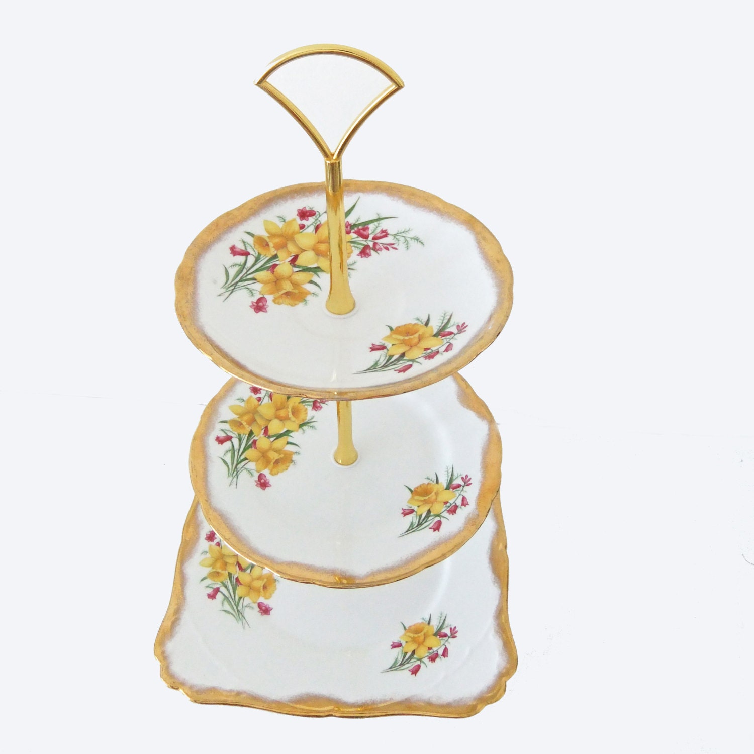 Spring cake stand - Tiered Cake Stand - Daffodil cake stand, vintage tiered cupcake stand, 3 tiered cake stand