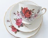 Vintage English China Tea Set. Royal Stafford Bone China Trio.  Honey Bunch pattern. Tea for One Set.