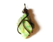 Green Jewelry - Green Dyed Imperial Jasper Pendant Wire Wrapped in Antique Brass Earthy
