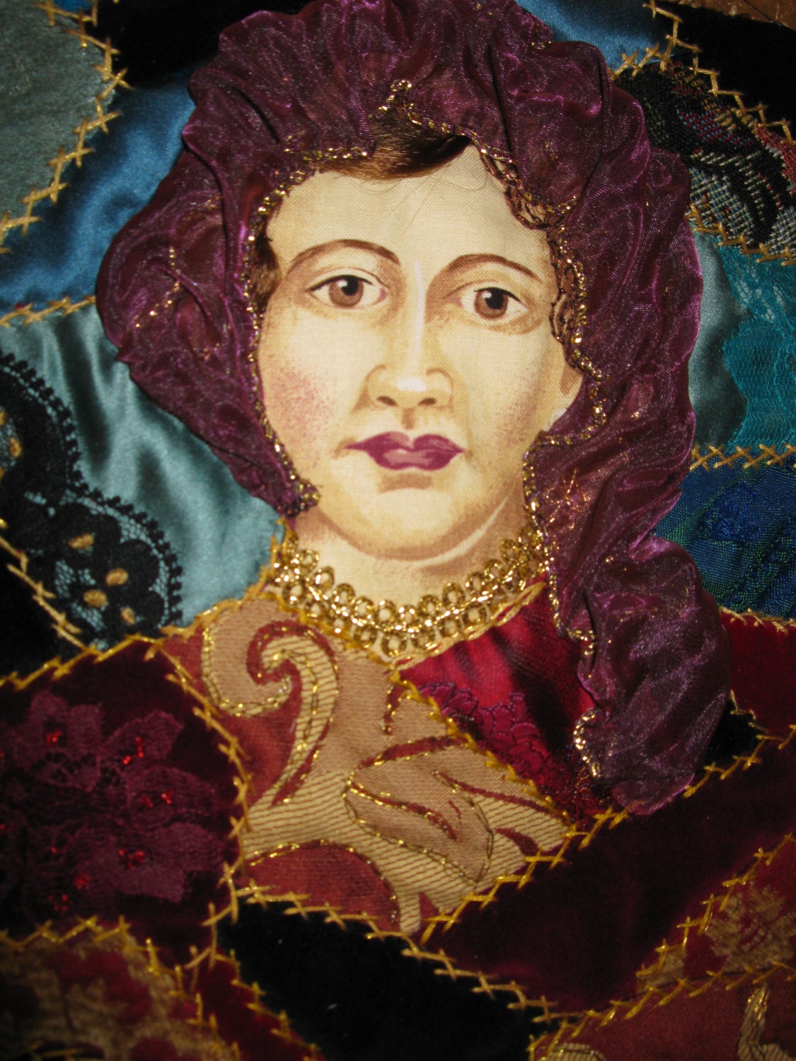 Crazy quilt wall hanging Anne,Queen of Great Britain portrait. Handmade 9.5x11.5 inches quilt