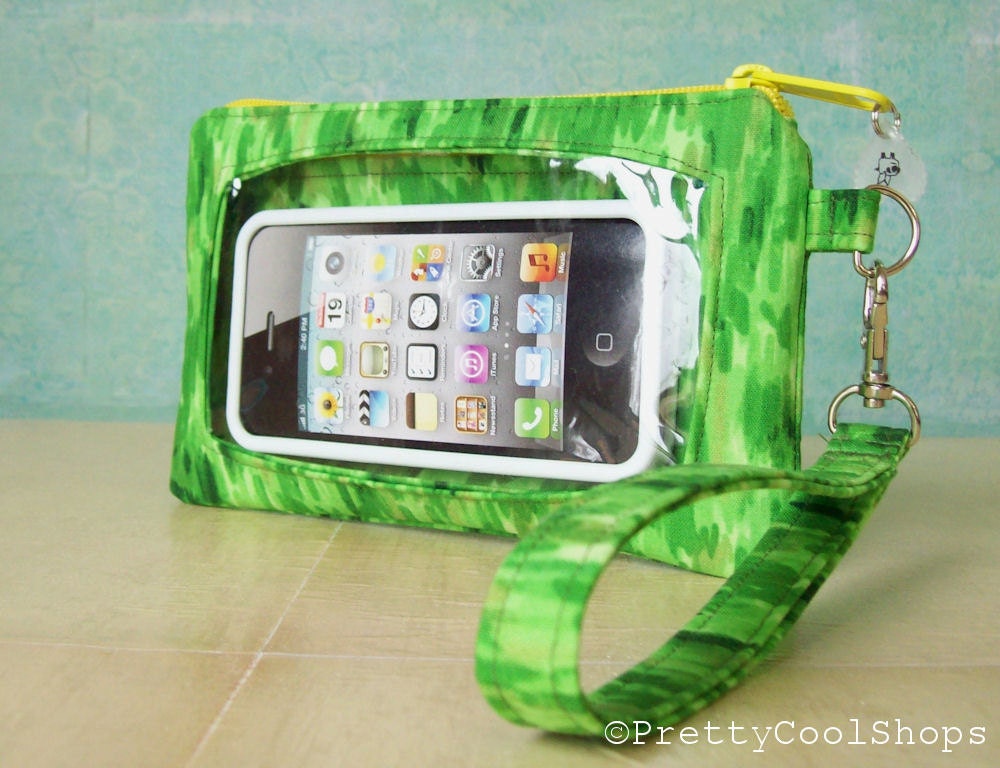Touch Screen Wristlet, iphone wallet, cell phone wristlet, droid case, fabric phone case, touch screen pocket, emerald green