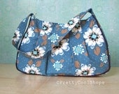 New B Bag, Shoulder bag, purse, retro floral, handmade, pleated, zipper pocket, capri sunshine blossoms, blue, mocha brown, east west bag