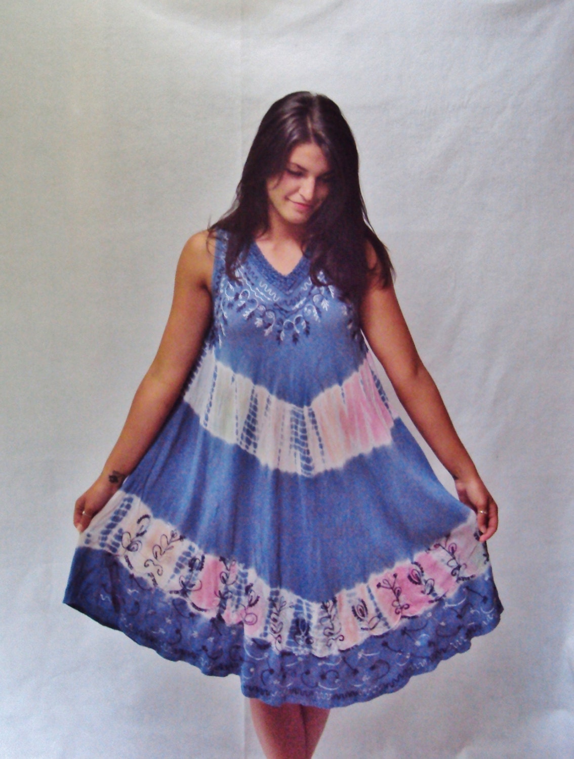 Vintage 70s Tie Dye Boho Festival Tent Dress Sm Med Large S M  Denim Blue Batik Gauzey Dress
