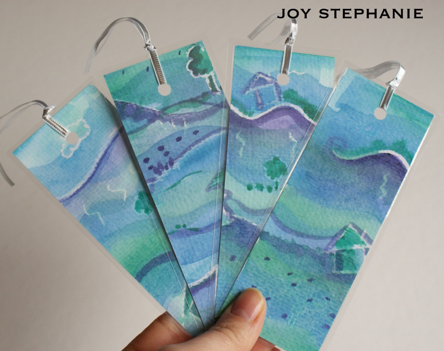 4 x Handpainted   individual unique small art laminated bookmarks water-colour with ribbon