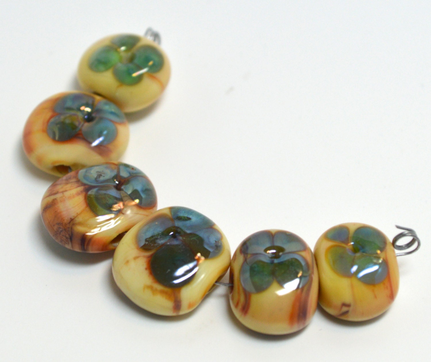 silver glass ocean waves SRA Handmade lampwork bead set of small lentil focals for making jewelry 42613-4