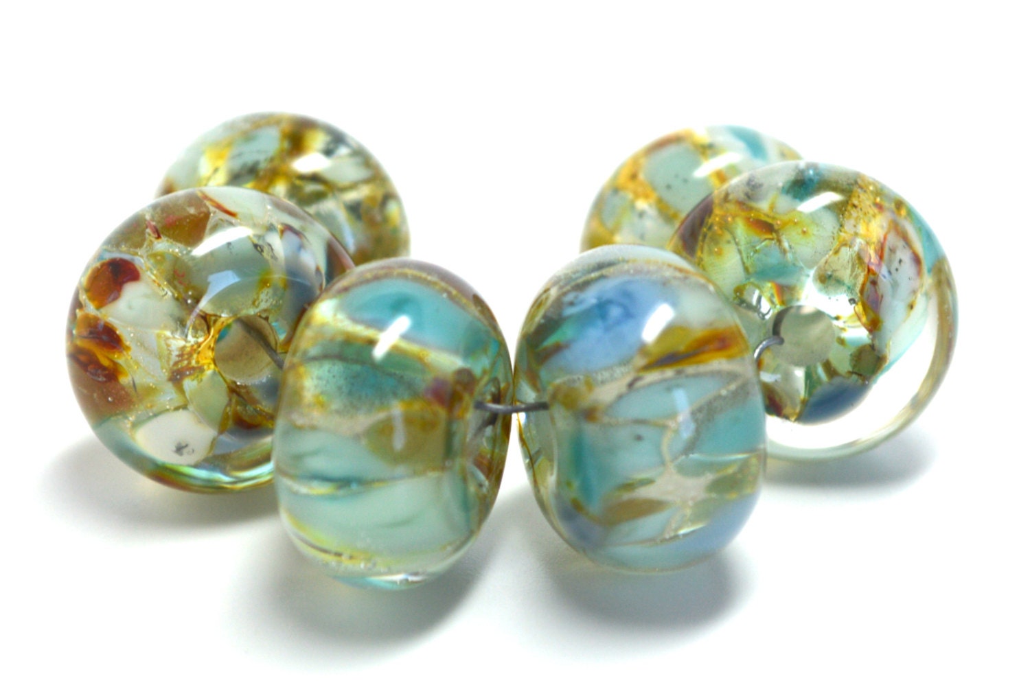 SRA handmade, gorgeous "pacific" topaz, light blue, white, and aqua set of  lampwork beads for making jewelry 60313-4