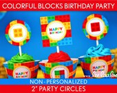 Colorful Block Birthday Party - 2 inch Party Circles & Bonus: Cupcake Wrappers NonPersonalized Printable // Colorful Block - B22Nd