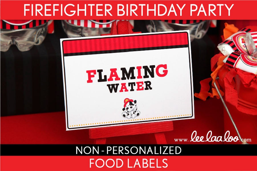 Firefighter Birthday Party - Food Labels & Bonus: Toothpick Flags NonPersonalized Printable // Firefighter - B24Nc