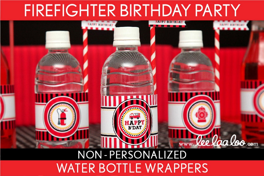 Firefighter Birthday Party - Water Bottle Wrappers & Bonus: Straw Flags NonPersonalized Printable // Firefighter - B24Ne