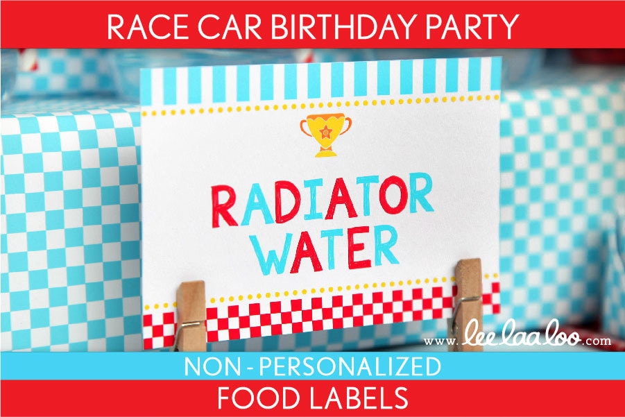 Race Car Birthday Party - Food Labels & Bonus: Toothpick Flags NonPersonalized Printable // Cute Race Car - B36Nc