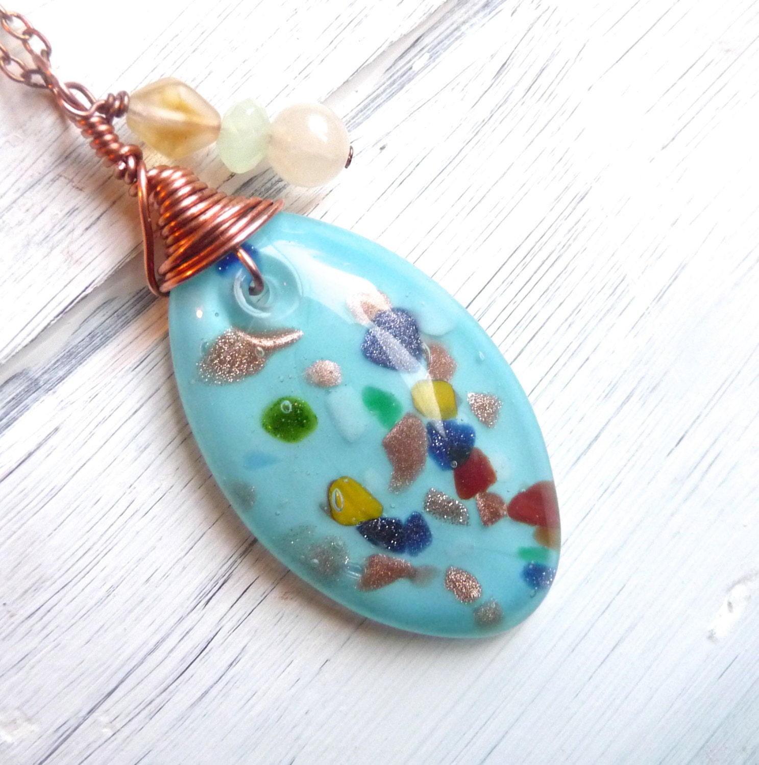 Blue Glass Pendant With Metallic Foil on 22 Inch Copper Chain