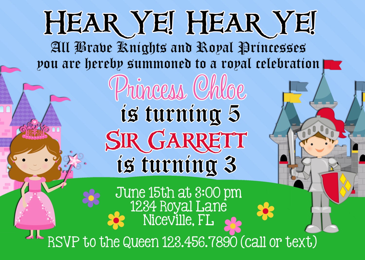 Princess and Knight 5x7 Invitation - Girl or Boy Birthday Party - PRINTABLE Il_170x135