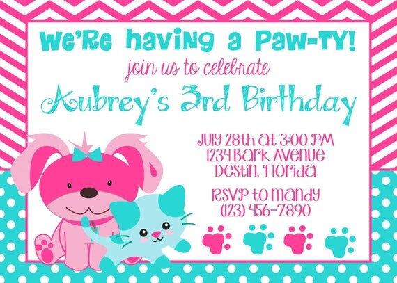 Puppy & Kitty 5x7 Invitation - Girl Birthday Party - PRINTABLE Il_570xn