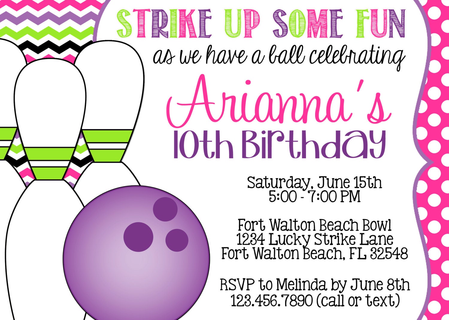 Bowling Purple Pink and Green 5x7 Invitation - Girl Birthday Party - PRINTABLE Il_570xn