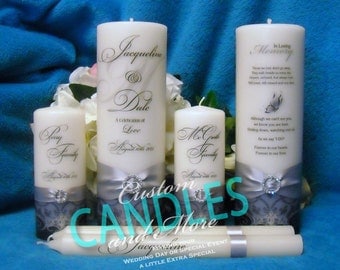 Unity Candle Complete Set with Memorial Candle Personalized Flourish Design - 10 colors