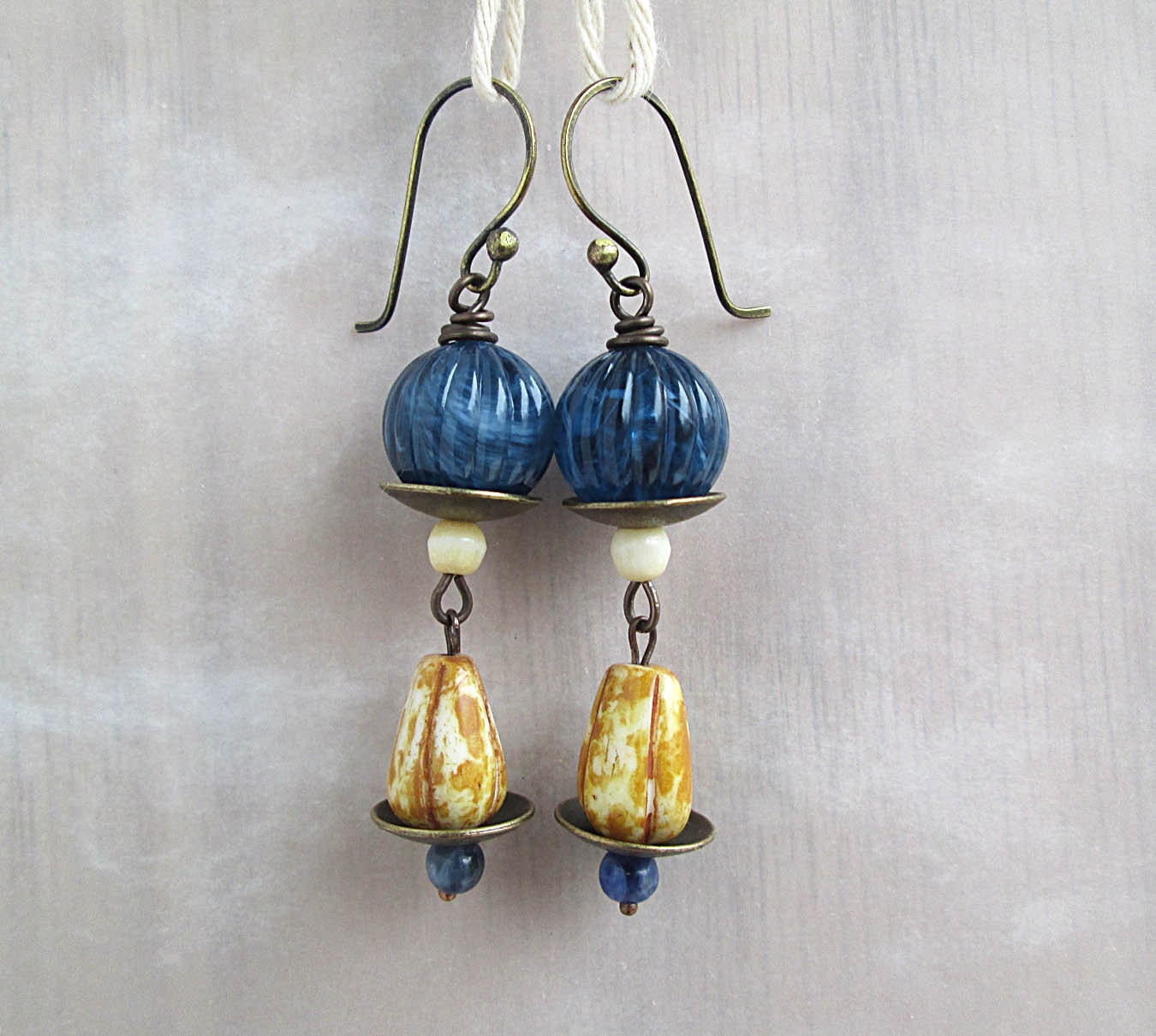 Blue Earrings, Beaded Dangle Earrings, Czech Glass, Beadwork Earrings