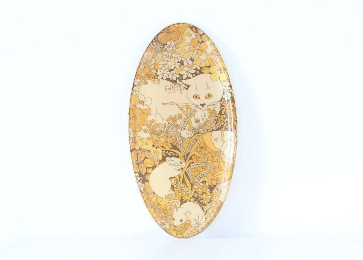 Vintage 60s 70s oval floral plastic tray yellow brown and beige