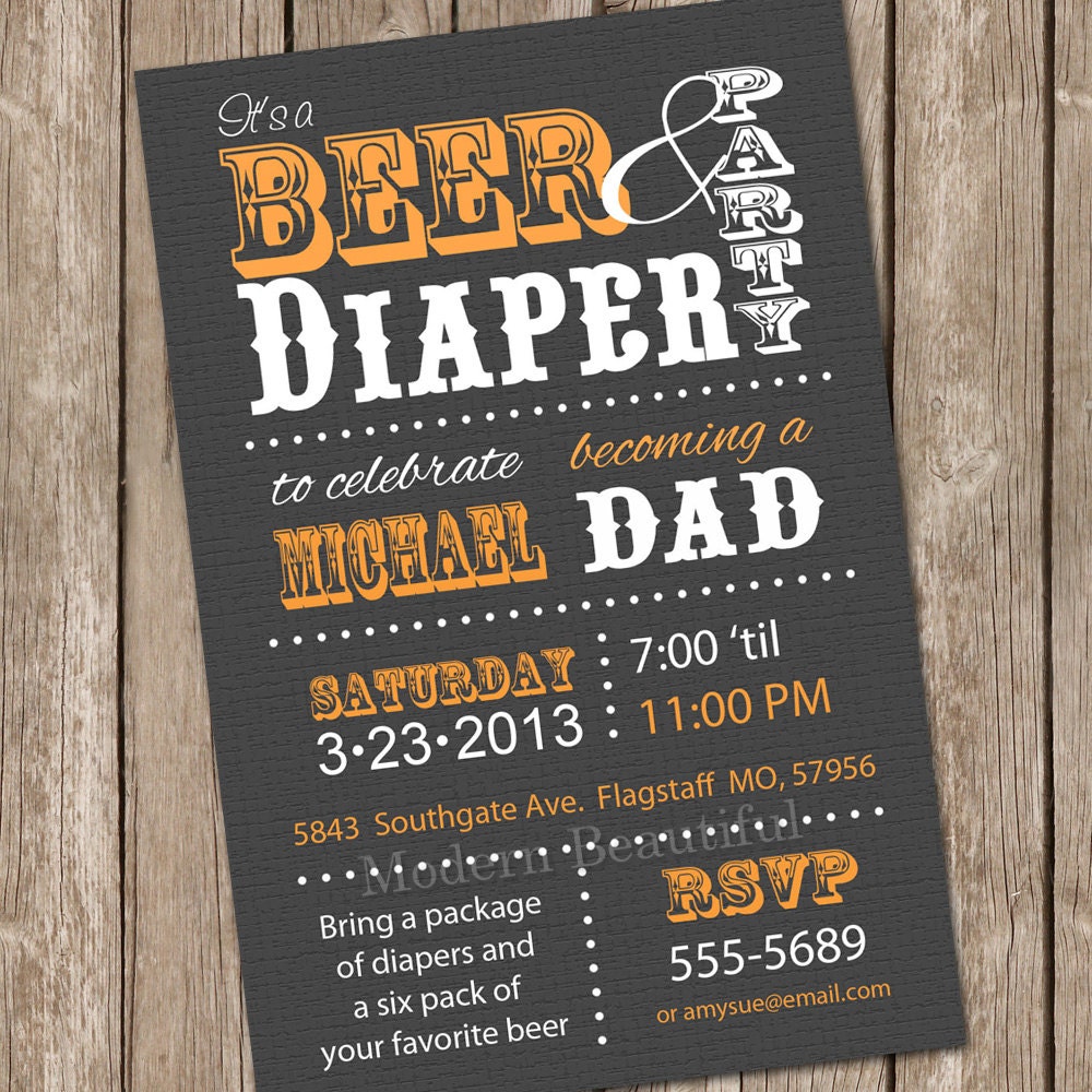 Beer and diaper invitation, dad baby shower, diaper and beer invitation, typography, grey, orange, printable, digital file Il_170x135