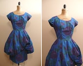 Vintage 1950s Dress 50s Blue and Purple Rose Party Dress