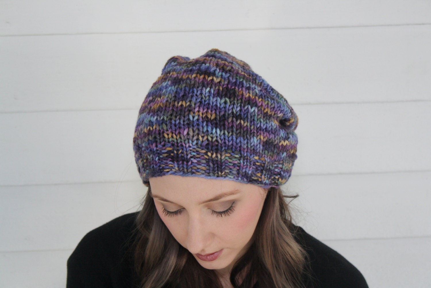 purple gold blue multicolored hand knit hipster slouch beanie