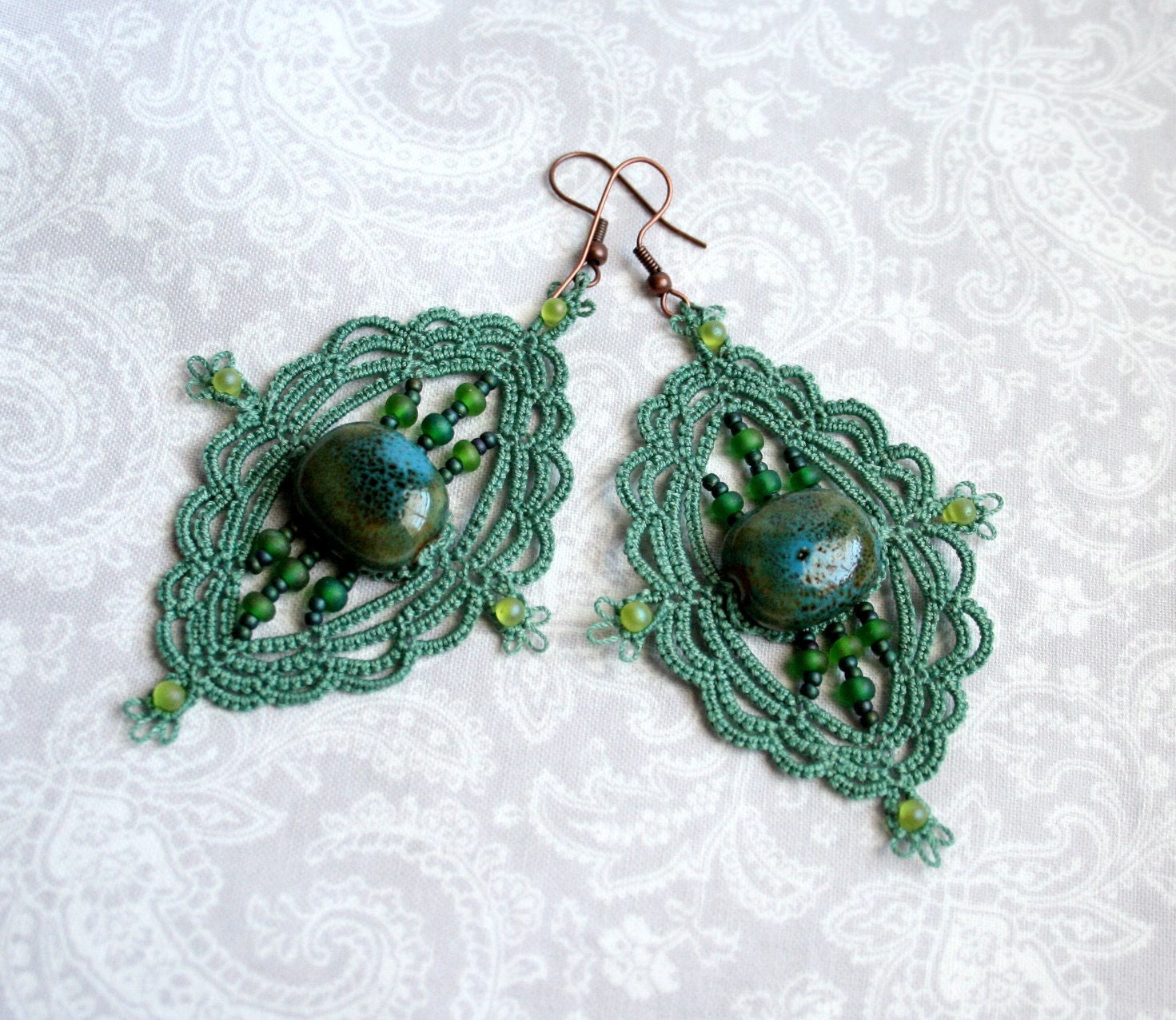 Teal Dangle Chandelier Tatting Lace Beaded Earrings - KnotTherapy