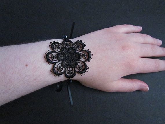 Floral Lace Bracelet with Beads and Satin Ribbon