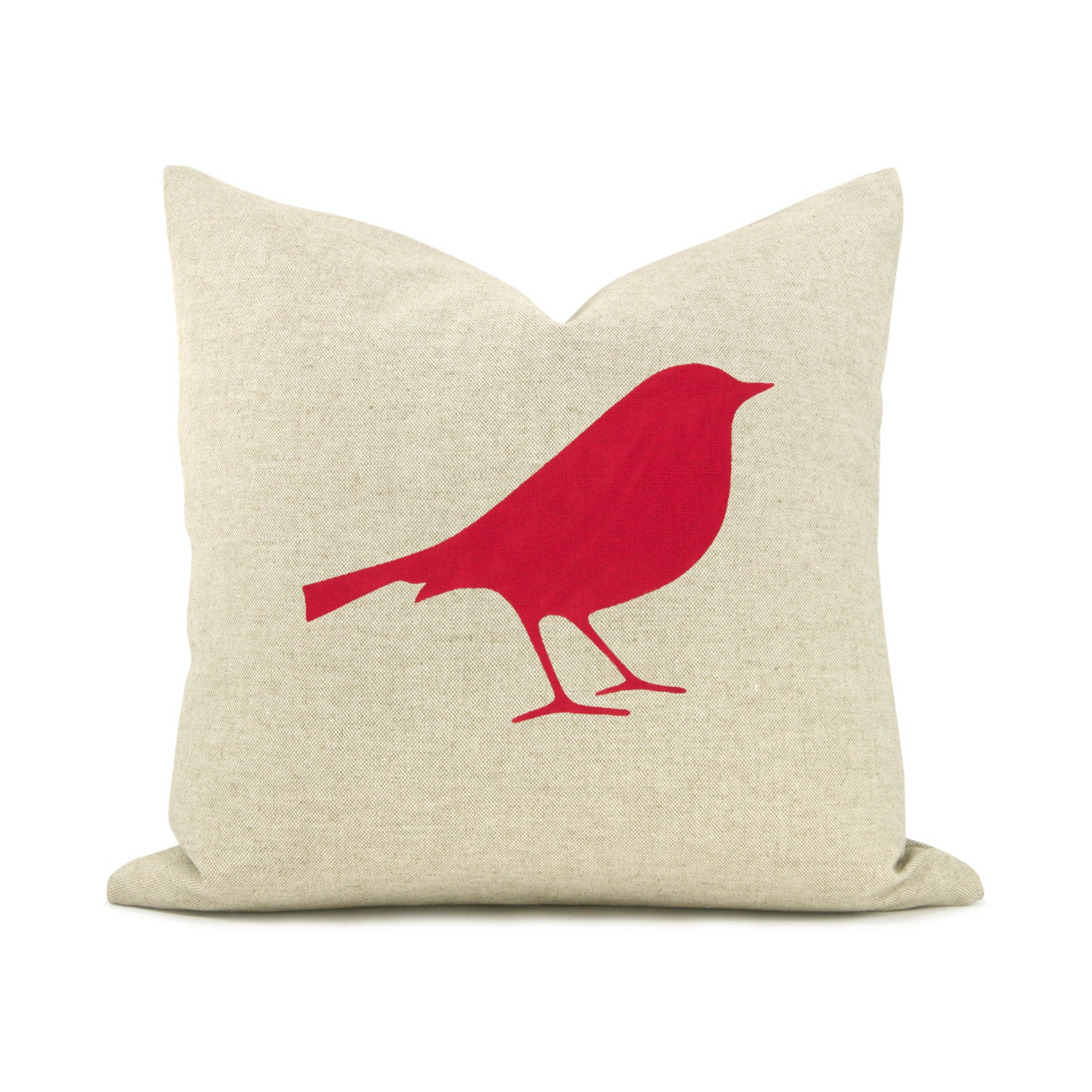 16x16 decorative pillow cover - Bird pillow cover - Modern home decor - Natural beige throw pillow cover with red bird print - Woodland