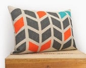 Chevron pillow - Hand printed decorative pillow with graphic arrows pattern in charcoal, orange and teal on beige canvas - 12x18 pillow case