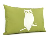 Owl pillow - Outdoor pillow cover - Patio decor - Off white and apple green owl applique pillow - 12x18 lumbar pillow cover