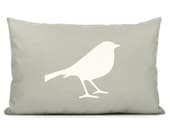 Modern outdoor pillow cover - Garden decor - Summer decorations -  Bird applique in Off white and grey accent pillow - 12x18 lumbar pillow