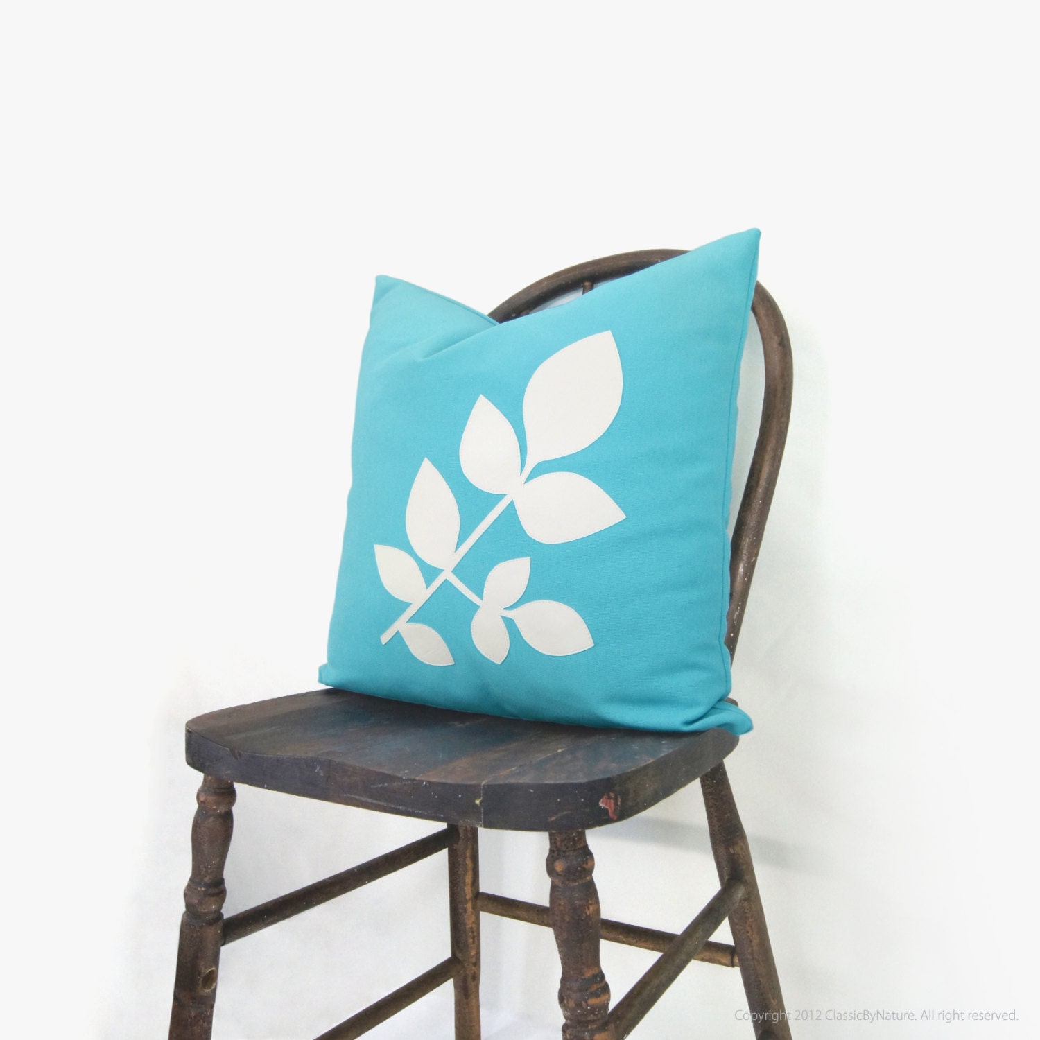 Outdoor pillow - Botanical pillow cover - Garden decor - Off white leaves applique on aqua blue canvas outdoor fabric - 18x18 accent pillow