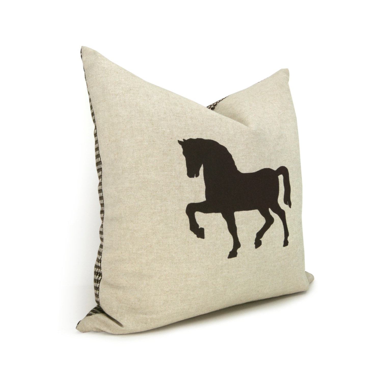 Horse pillow - Throw pillow covers 18x18 - Rustic decor - Chocolate brown horse print on natural canvas and houndstooth back