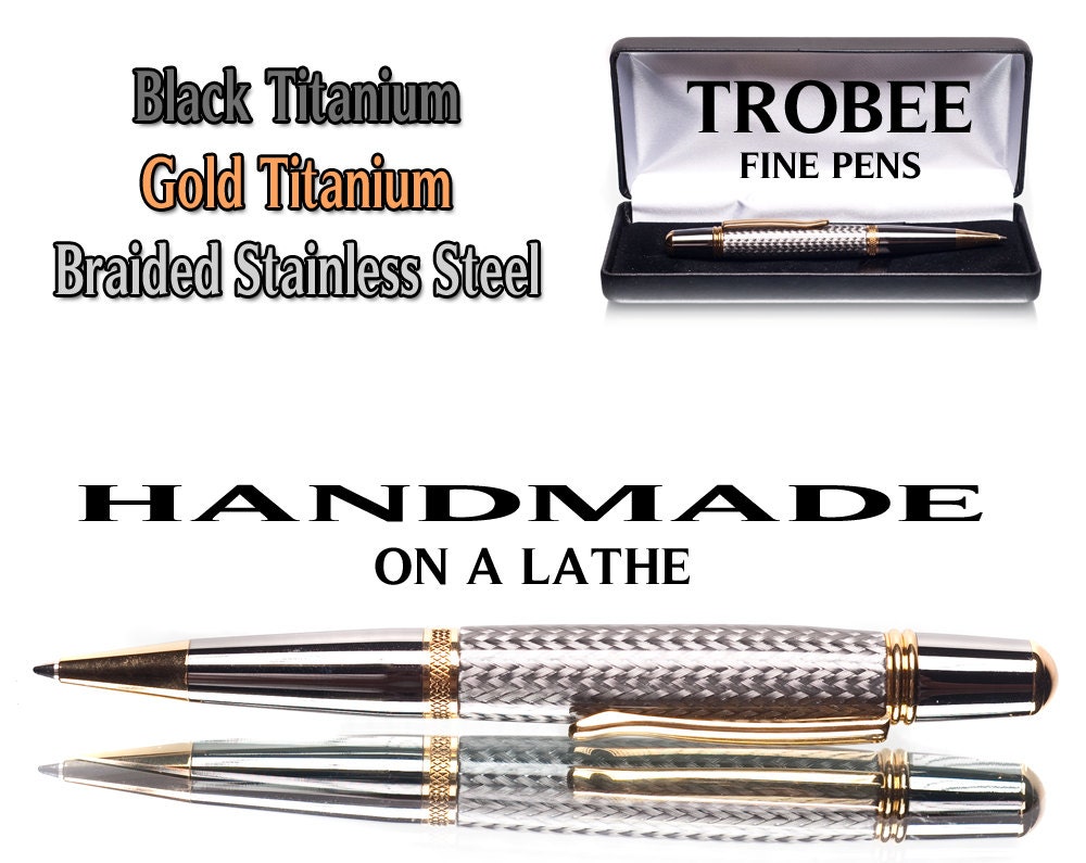 Writing pen hand made with braided stainless steel, black titanium and gold great mens gift