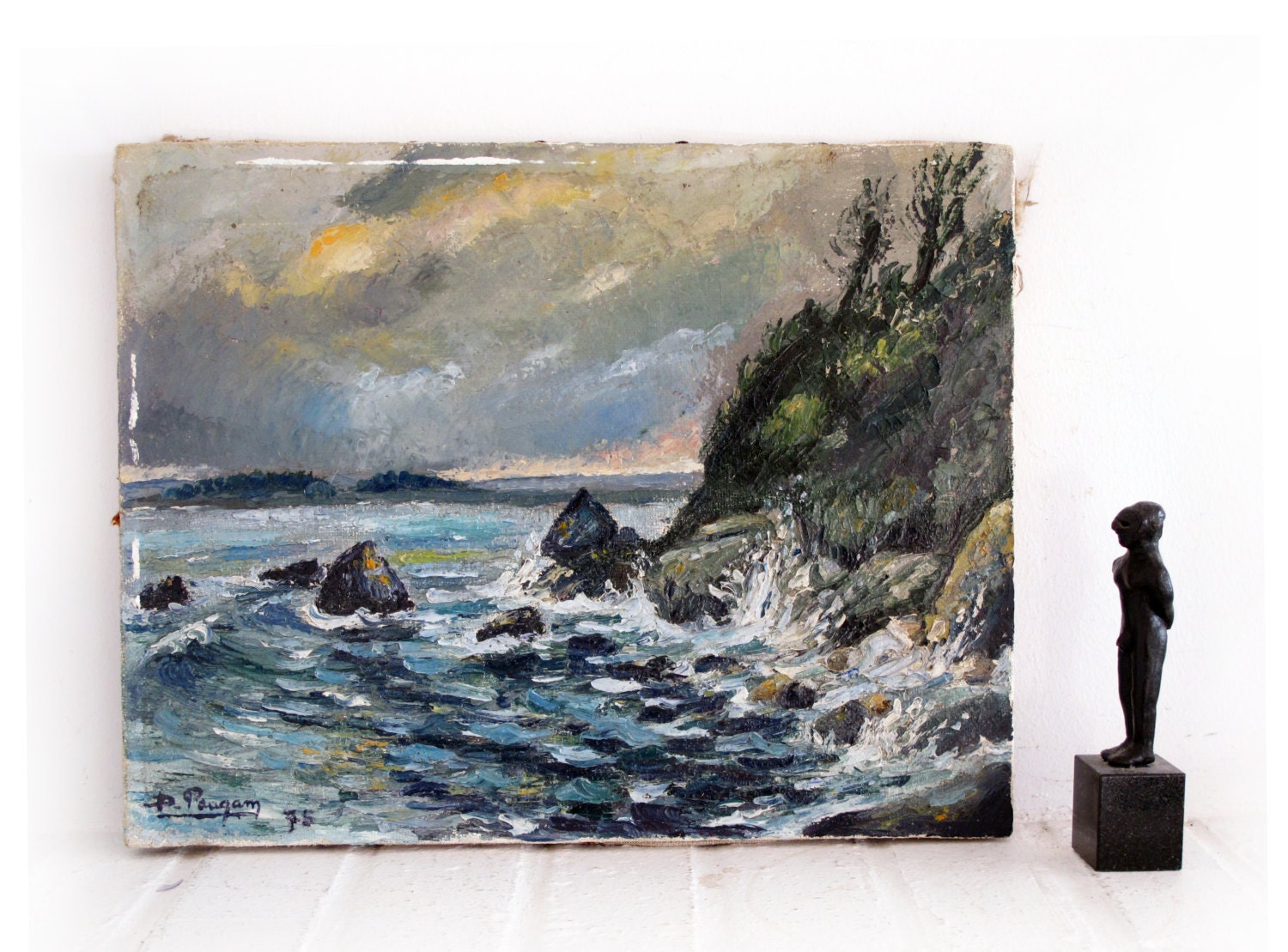 French  landscape original oil Painting, signed, antique oil painting on canvas, french coastal seascape