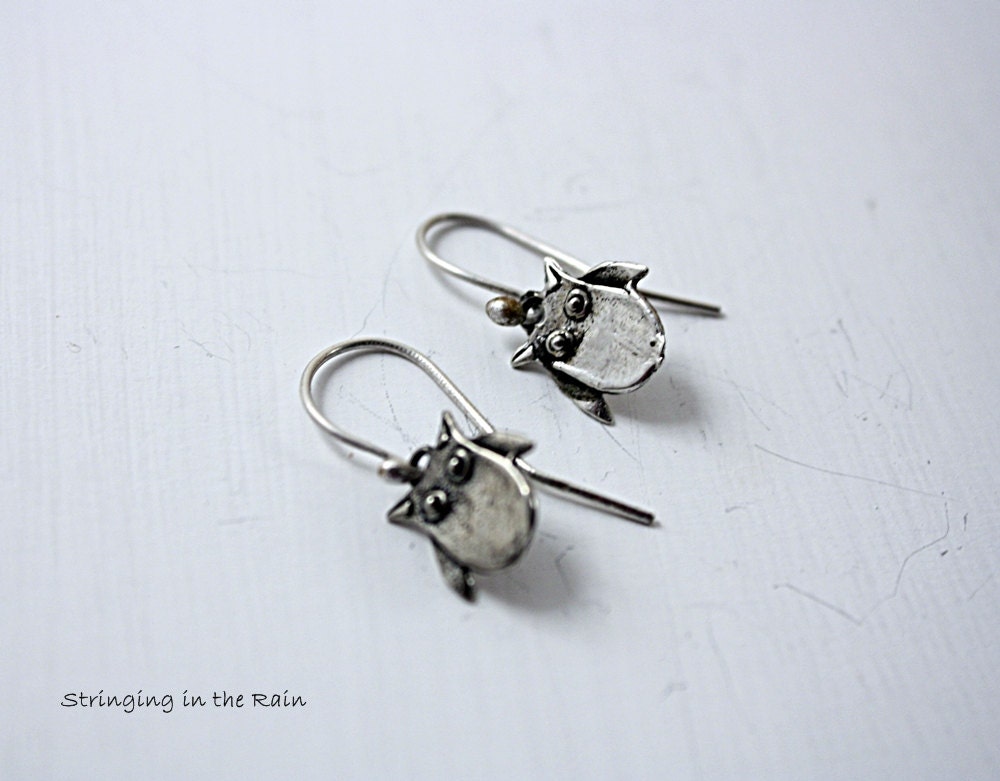 Tiny Owl Earrings, Pierced, Sterling Silver with Handmade Sterling Wire Hooks No. 11